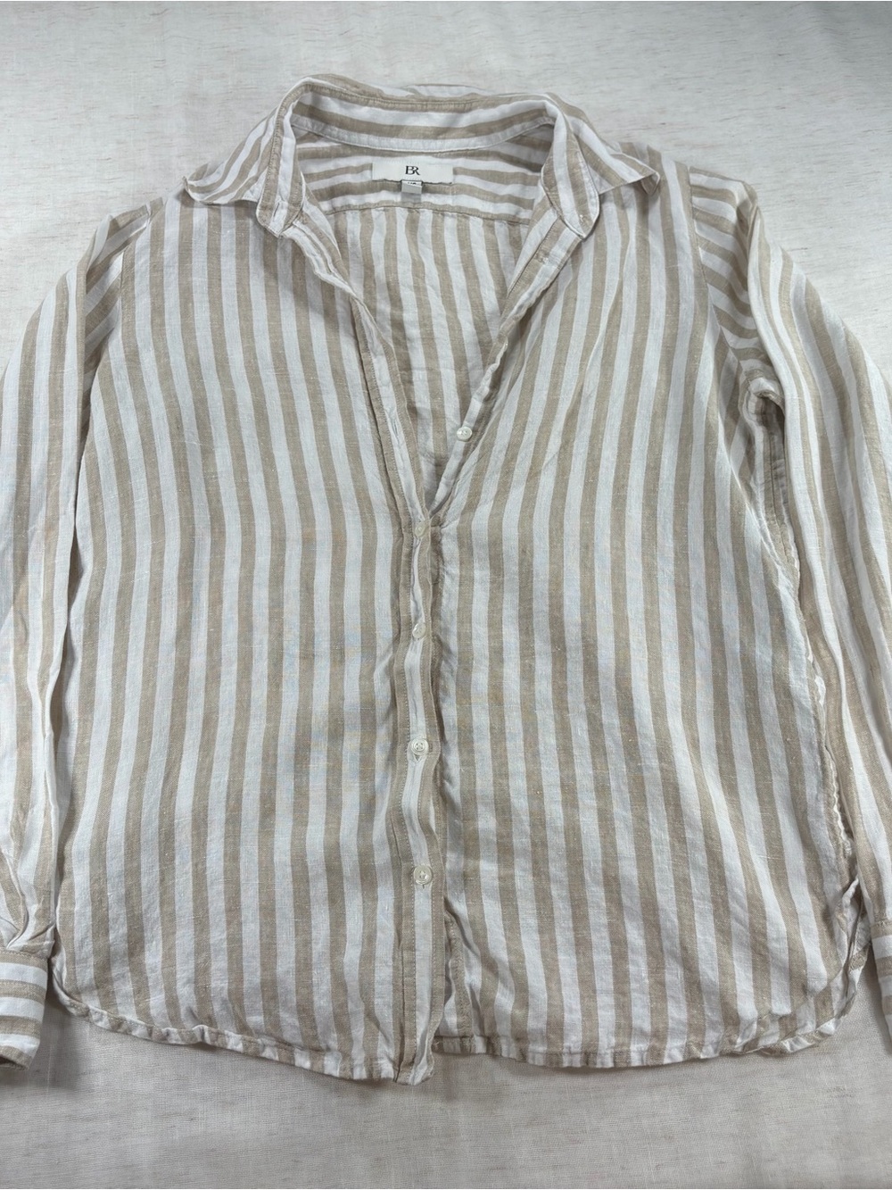 BR Women’s XS Beige White Striped Linen Cotton Woven Long Sleeve Button-Up
